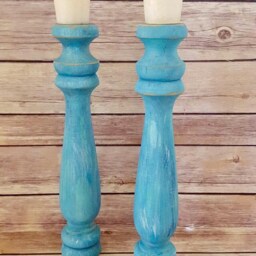 Distressed Turquoise Wood Candlesticks - Coastal Farmhouse Pillar Holders - thumbnail 2