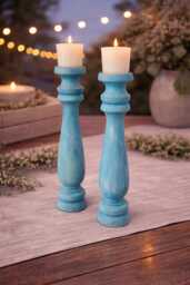 Distressed Turquoise Wood Candlesticks - Coastal Farmhouse Pillar Holders