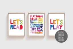 Set Of 3 Playroom Prints, Rainbow, Decor, Let's Play, Read, Reading Corner, Kids Wall Art, Rainbow Boys Wall Art - thumbnail 1