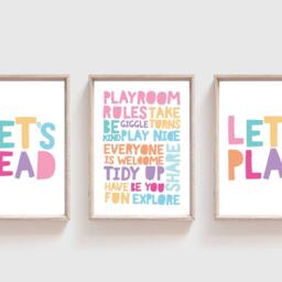 Set Of 3 Playroom Prints, Rainbow, Decor, Let's Play, Read, Reading Corner, Kids Wall Art, Rainbow Boys Wall Art - thumbnail 2