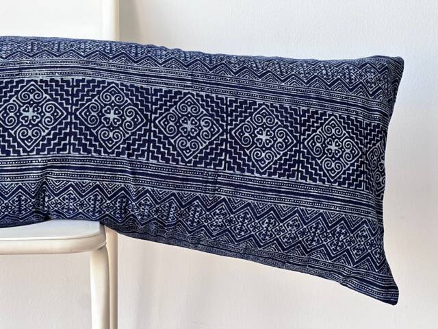 Hmong Lumbar Pillow Cover Indigo Batik, Embroidered Hemp, Boho Farmhouse Decor - 14x48 - image 1
