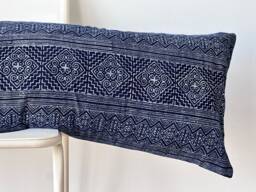 Hmong Lumbar Pillow Cover Indigo Batik, Embroidered Hemp, Boho Farmhouse Decor - 14x48 - thumbnail 1
