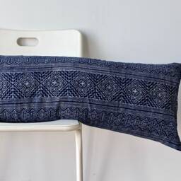 Hmong Lumbar Pillow Cover Indigo Batik, Embroidered Hemp, Boho Farmhouse Decor - 14x48 - thumbnail 2