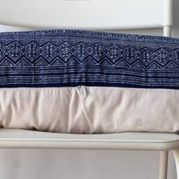 Hmong Lumbar Pillow Cover Indigo Batik, Embroidered Hemp, Boho Farmhouse Decor - 14x48 - thumbnail 4