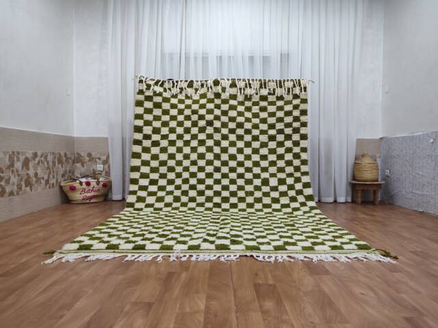 Hand-Knotted Green & White Checkered Moroccan Berber Rug - image 1
