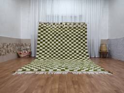 Hand-Knotted Green & White Checkered Moroccan Berber Rug - thumbnail 1