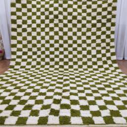 Hand-Knotted Green & White Checkered Moroccan Berber Rug - thumbnail 3