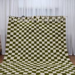 Hand-Knotted Green & White Checkered Moroccan Berber Rug - thumbnail 2
