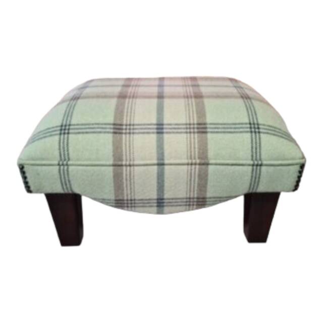 Footstool in Balmoral Sage Tartan Fabric Standing On Mahogany Solid Wood Legs - image 1