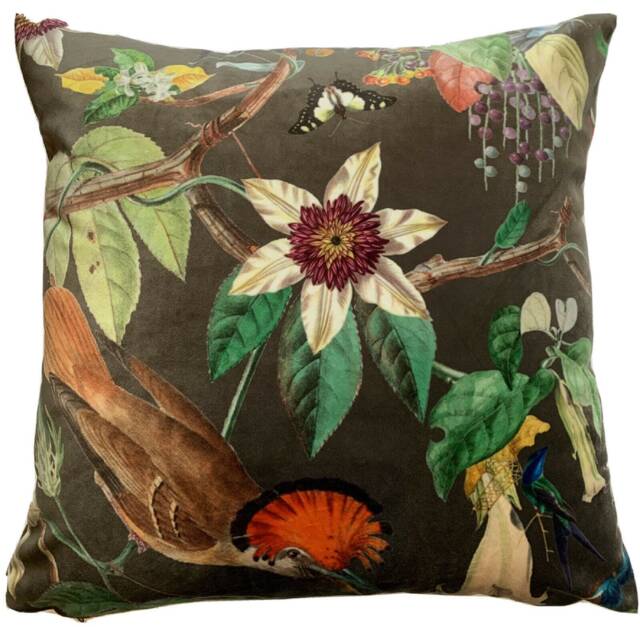 Exotic Birds Cushion Cover Printed Botanical Velvet Fabric Toffee - image 1