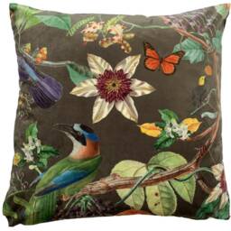 Exotic Birds Cushion Cover Printed Botanical Velvet Fabric Toffee - thumbnail 3