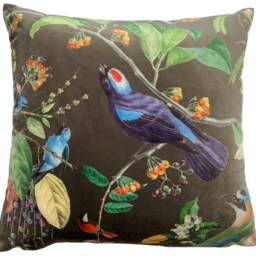 Exotic Birds Cushion Cover Printed Botanical Velvet Fabric Toffee - thumbnail 2