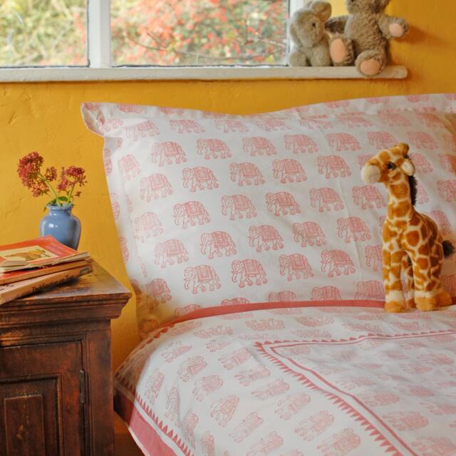Pink Elephant Duvet Cover Hand Block Printed On Organic Cotton