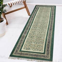 Handmade Cotton Runner Rug Green Black Block Print, Hallway Stair Decor - thumbnail 2