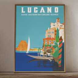 Vintage Lugano Switzerland Travel Poster Print, Lake Town Wall Art Swiss Riviera Decor - thumbnail 2