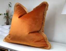 Orange Velvet Cushion Cover With Fringe Custom Size + Trim Colour