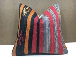 Vintage Handwoven Kilim Pillow Cover, Turkish Rustic Decor - 16x16 - thumbnail 1