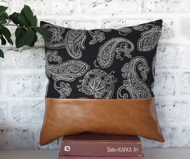 Camel Faux Leather Pillow Cover Black Linen Kilim Pattern - image 1