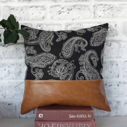 Camel Faux Leather Pillow Cover Black Linen Kilim Pattern - thumbnail 2