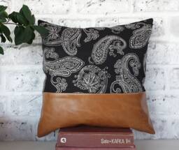 Camel Faux Leather Pillow Cover Black Linen Kilim Pattern - thumbnail 1
