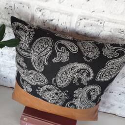 Camel Faux Leather Pillow Cover Black Linen Kilim Pattern - thumbnail 3