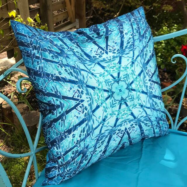 Kaleidoscope Trees Showerproof Cushion - Blue Teal Exterior Accent Pillow Garden Seat in Fresh Blues Gardener Gift - image 1