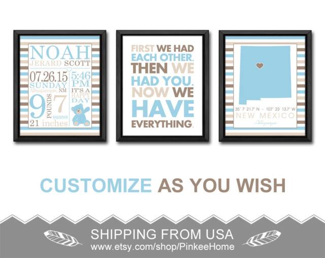 Teddy Bear Baby Boy Nursery Decor Birth Stats Art Prints - Set Of 3 - image 1