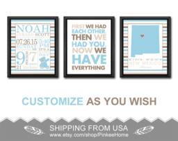 Teddy Bear Baby Boy Nursery Decor Birth Stats Art Prints - Set Of 3 - thumbnail 1