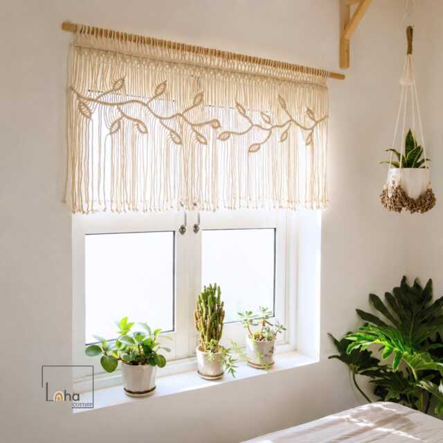 Macrame Leaf Window Valance, Boho Kitchen Curtain, Botanical Treatment, Farmhouse Valance Decor - image 1