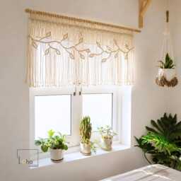 Macrame Leaf Window Valance, Boho Kitchen Curtain, Botanical Treatment, Farmhouse Valance Decor - thumbnail 1