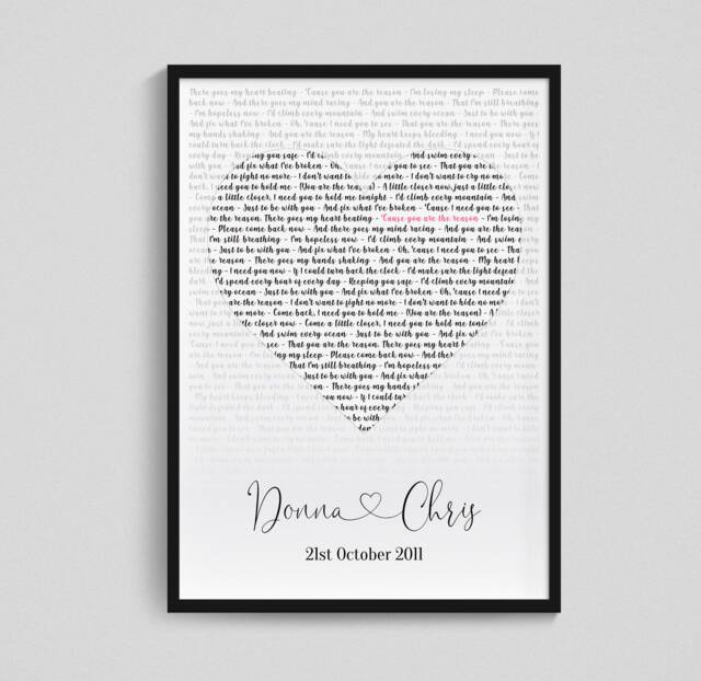 Song Lyrics Heart Print, Favourite Lyric Wall Art, Custom Wedding Personalised Anniversary Gift, Framed/Unframed - image 1