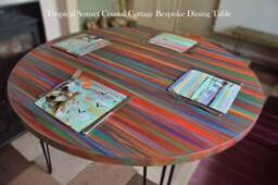Tropical Sunset Round Wood Dining Table With Black Metal Hair Pin Legs Coastal Cottage Furniture/Us Customers Custom Tariff Is Pre-Paid