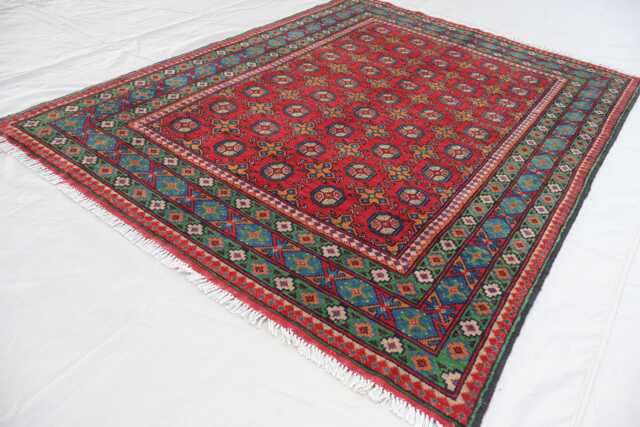 Red Bokhara Rug, 5x7 Ft Afghan Hand Knotted Veg Dyes Wool Area Oriental Turkmen Tribal Bukhara Bedroom, Living Room Carpet - image 1