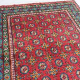 Red Bokhara Rug, 5x7 Ft Afghan Hand Knotted Veg Dyes Wool Area Oriental Turkmen Tribal Bukhara Bedroom, Living Room Carpet - thumbnail 3