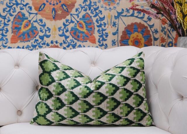 Green Velvet Cushion Cover, Handloom Silk Pillow - image 1