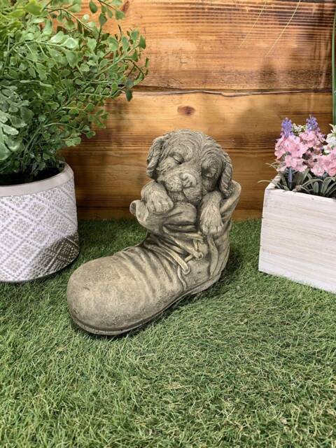 Stone Garden Sleeping Dog in Boot Ornament Memorial Statue Gift - image 1