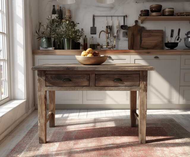 Handmade Oak Wood Kitchen Island Rustic Farmhouse Table, Counter Height - image 1