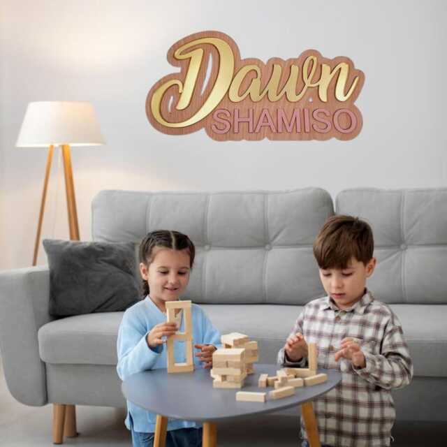 Personalised Plywood & Acrylic - Engraved Wall Decor Name Sign Custom Nursery, Kids Room Double Layered - image 1