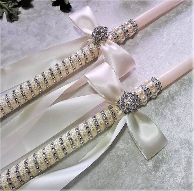 Lambade Wedding - Greek Orthodox Lambathes Candles Ivory Silver Lambades Baptism 18 & 24 Inch - image 1