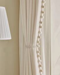 A Pair Of Cream Curtains With Pompom Trim, Custom Boho Curtain Panel Custom Trim, Living Room Bedroom Curtains, Made, Room Divider