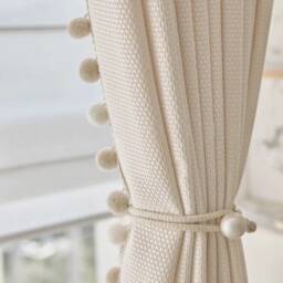 A Pair Of Cream Curtains With Pompom Trim, Custom Boho Curtain Panel Custom Trim, Living Room Bedroom Curtains, Made, Room Divider - thumbnail 4