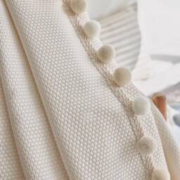 A Pair Of Cream Curtains With Pompom Trim, Custom Boho Curtain Panel Custom Trim, Living Room Bedroom Curtains, Made, Room Divider - thumbnail 3