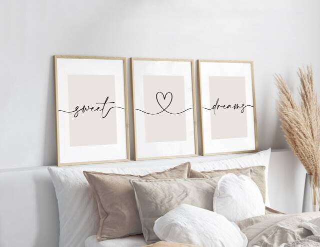 Sweet Dreams Beige Prints, Set Of 3, Bedroom Print, Neutral Home Nursery Sleep Wall Art, Bed Print