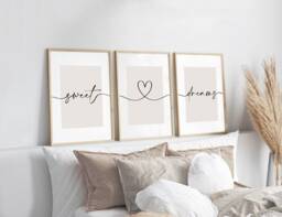 Sweet Dreams Beige Prints, Set Of 3, Bedroom Print, Neutral Home Nursery Sleep Wall Art, Bed Print - thumbnail 1