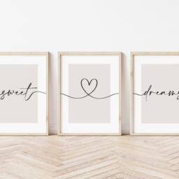 Sweet Dreams Beige Prints, Set Of 3, Bedroom Print, Neutral Home Nursery Sleep Wall Art, Bed Print - thumbnail 2