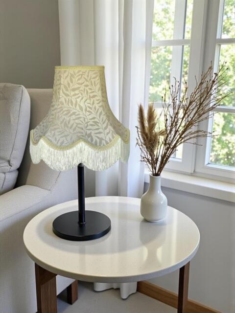 Handmade William Morris Natural Willow Bough Scalloped Lampshade Cream Braid & Fringe, Bespoke British Made - image 1