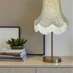 Handmade William Morris Natural Willow Bough Scalloped Lampshade Cream Braid & Fringe, Bespoke British Made - thumbnail 3