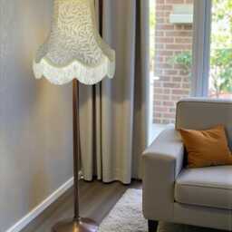 Handmade William Morris Natural Willow Bough Scalloped Lampshade Cream Braid & Fringe, Bespoke British Made - thumbnail 2