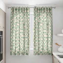 Retro Geometric Curtains, Green Cream Checker Drapes, Wavy Mid Century Modern Window Curtain Panels For Living Room & Bedroom - thumbnail 3