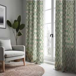 Retro Geometric Curtains, Green Cream Checker Drapes, Wavy Mid Century Modern Window Curtain Panels For Living Room & Bedroom - thumbnail 2